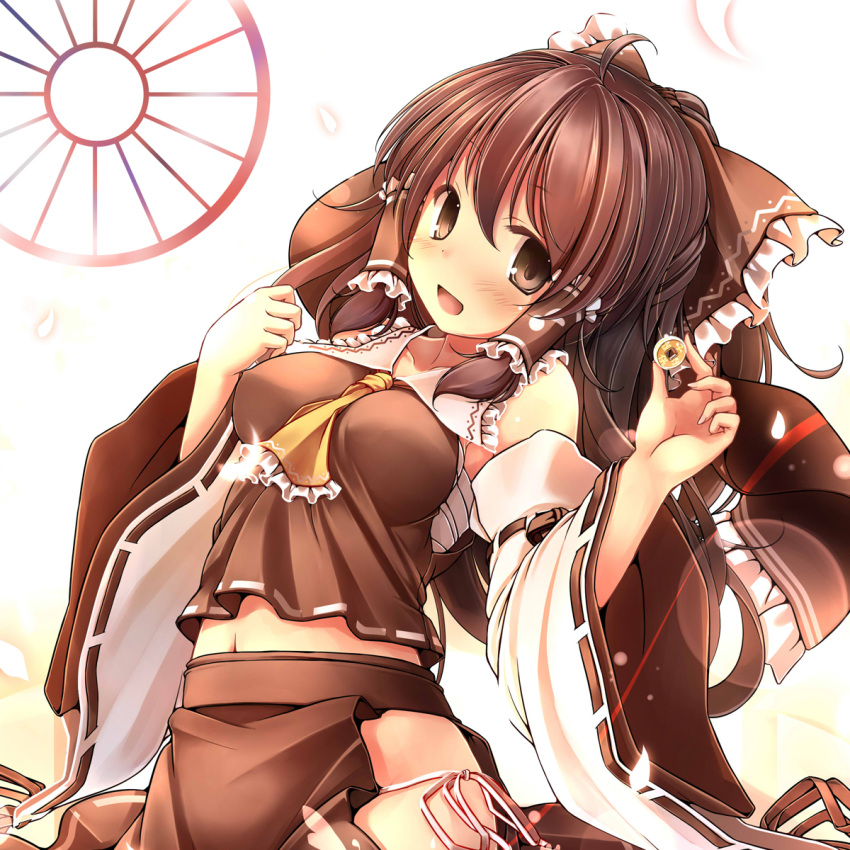 adapted_costume ascot bare_shoulders bow breasts brown_eyes brown_hair coin commentary_request detached_sleeves female hair_tubes hairbow hakurei_reimu hands_up highres holding kaisu long_hair medium_breasts midriff navel open_mouth panties photoshop_(medium) sarashi side-tie_panties smile solo touhou underwear wide_sleeves