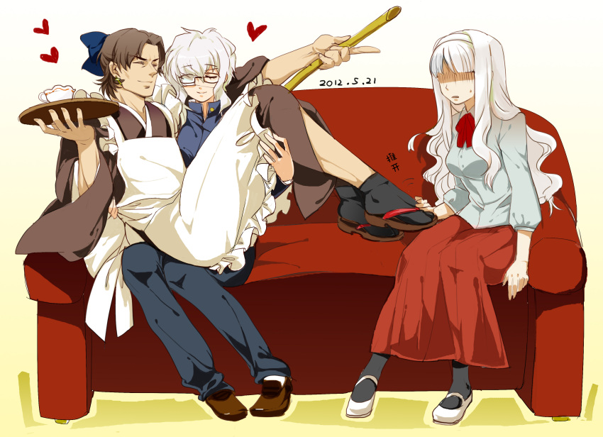 1boy 2girls absurdres apron bamboo black_pantyhose bow brown_hair caren_hortensia claudia_hortensia commentary_request company_connection cosplay couch cross cross_earrings crossdressing cup dated dress earrings eyepatch family fate/hollow_ataraxia fate/stay_night fate/zero fate_(series) geta hair_ribbon hairbow heart highres japanese_clothes jewelry kimono kohaku_(tsukihime) kohaku_(tsukihime)_(cosplay) kotomine_kirei long_hair maid multiple_girls pantyhose parody photoshop_(medium) rakuko ribbon shaded_face short_hair tabi teacup time_paradox tohno_akiha tohno_akiha_(cosplay) tohno_shiki tohno_shiki_(cosplay) tsukihime type-moon wa_maid wavy_hair white_hair