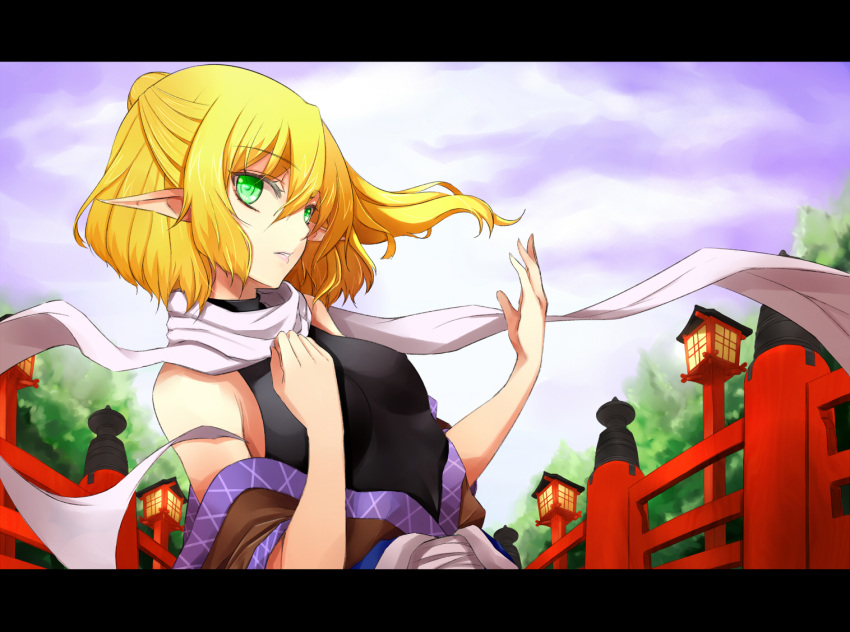 asya bare_shoulders blonde_hair bridge commentary_request female green_eyes half_updo letterboxed mizuhashi_parsee off_shoulder parted_lips pointy_ears ponytail scarf short_hair solo touhou upper_body