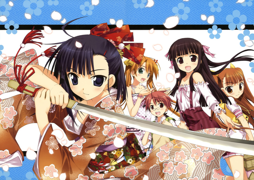 anna_yurievna_cocolova fujima_takuya japanese_clothes kagurazaka_asuna kimono konoe_konoka mahou_sensei_negima negi_springfield petals sakurazaki_setsuna sword weapon