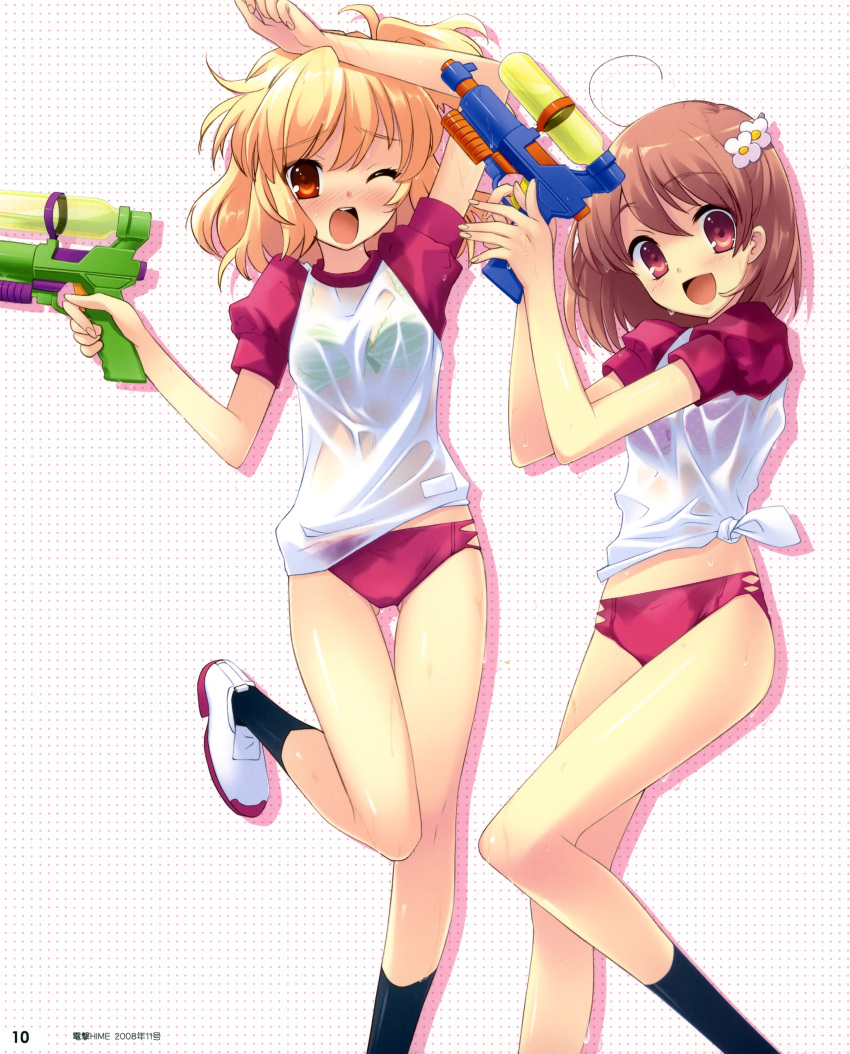 2girls :d absurdres arm_up black_legwear blonde_hair blush bow bow_bra bra brown_hair buruma flower flyable_heart green_bra gym_uniform hair_flower hair_ornament highres inaba_yui ito_noizi lingerie long_legs multiple_girls open_mouth photoshop_(medium) pink_bra polka_dot polka_dot_background polka_dot_bra raglan_sleeves red_eyes see-through shirt short_hair smile striped_bra striped_clothes sumeragi_amane_(flyable_heart) thigh_gap tied_shirt underwear water_gun wet wet_clothes wet_shirt wince