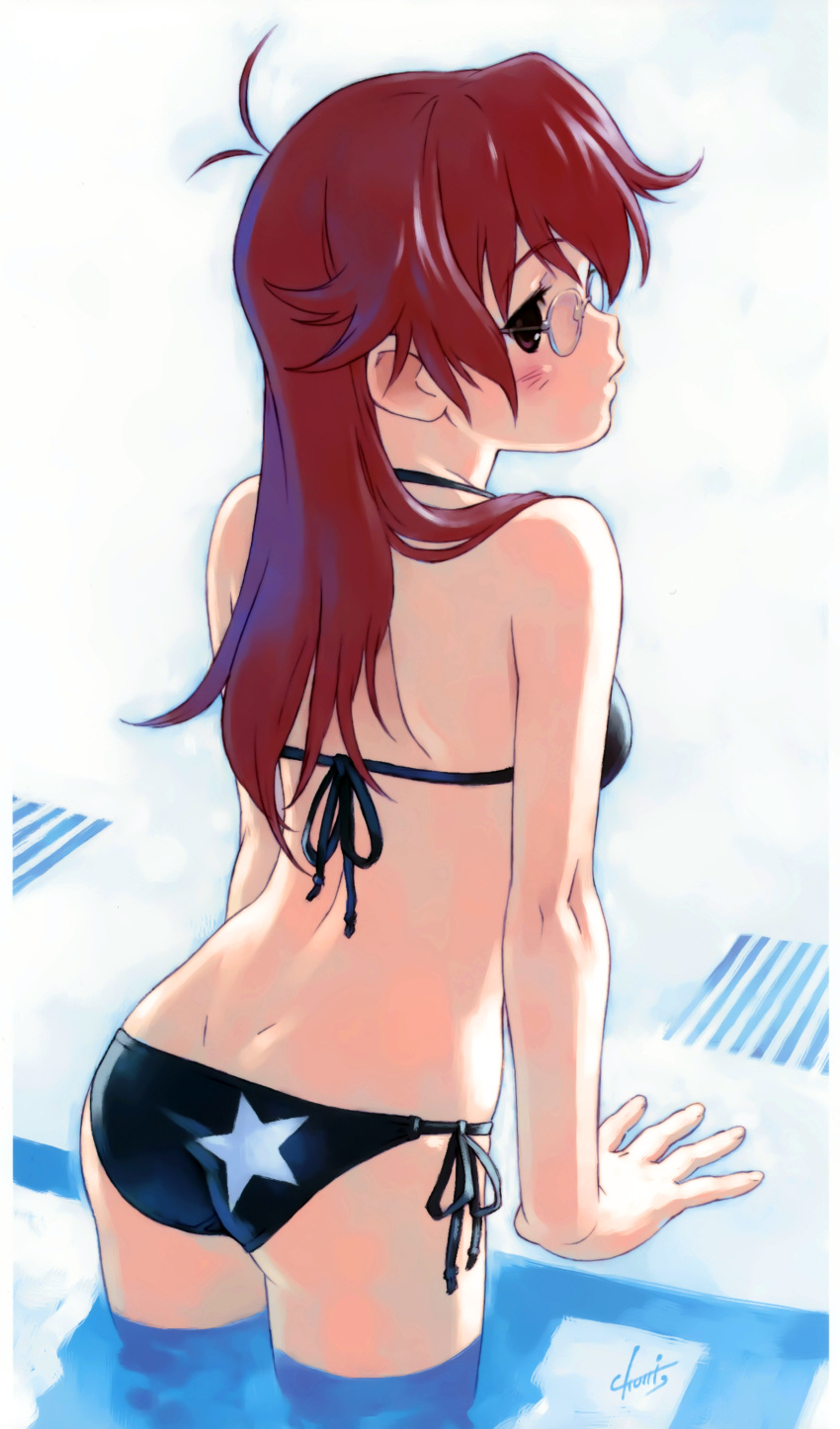 absurdres ano_natsu_de_matteru arm_support ass back bare_shoulders bikini black_bikini dimples_of_venus drain_(object) female from_behind glasses highres long_hair looking_back photoshop_(medium) pool poolside profile red_eyes red_hair side-tie_bikini_bottom solo standing star_(symbol) star_print swimsuit takatsuki_ichika tanaka_kunihiko wading water