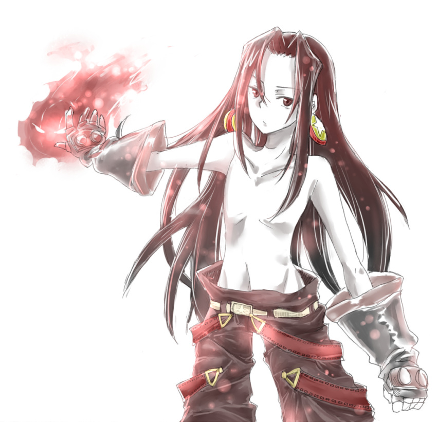 1boy asakura_hao bare_shoulders belt brown_eyes brown_hair earrings gloves jewelry long_hair pants shaman_king