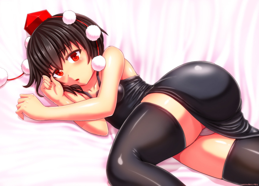 ass black_dress black_hair black_thighhighs blush commentary_request dress female hat hat_ribbon iyamato looking_at_viewer lying making-of_available on_side open_mouth panties pantyshot red_eyes ribbon shameimaru_aya short_dress short_hair solo thighhighs tokin_hat touhou underwear upskirt white_panties