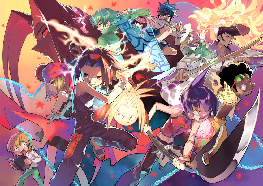 3girls 6+boys amidamaru asakura_hao asakura_yoh bandana bason black_hair blonde_hair blue_eyes blue_hair book brown_eyes brown_hair chocolove commentary_request earrings eliza_(shaman_king) gloves green_eyes green_hair hairband hat headphones highres jewelry johann_faust_viii koropokkuru kororo kushabiria kyouyama_anna leaf long_hair lyserg_diethel mic_(shaman_king) morphine multiple_boys multiple_girls necklace oyamada_manta photoshop_(medium) polearm red_eyes shaman_king short_hair snowboard sword tao_ren tokagerou usui_horokeu weapon yellow_eyes