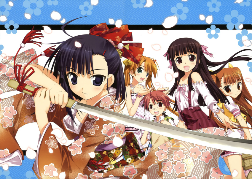 absurdres fujima_takuya highres japanese_clothes kagurazaka_asuna kimono konoe_konoka mahou_sensei_negima! negi_springfield sakurazaki_setsuna sarashi sword weapon