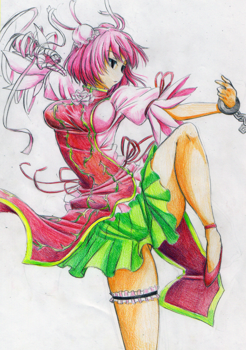 amputee bad_id bad_pixiv_id bun_cover chinese_clothes colored_pencil_(medium) cuffs double_bun false_arm false_limb female fighting_stance flower hair_bun highres ibaraki_kasen jitome kitazinger kung_fu legs photoshop_(medium) pink_hair profile rose serious shackles skirt slippers solo standing standing_on_one_leg tabard thigh_strap touhou traditional_media