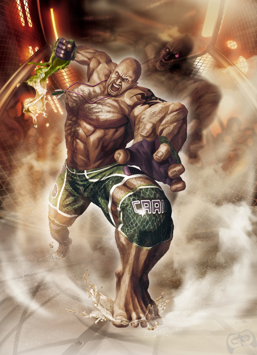 1boy absurdres bald barefoot craig_marduk fingerless_gloves gloves highres knee_pads manly muscle namco official_art shorts street_fighter street_fighter_x_tekken tekken