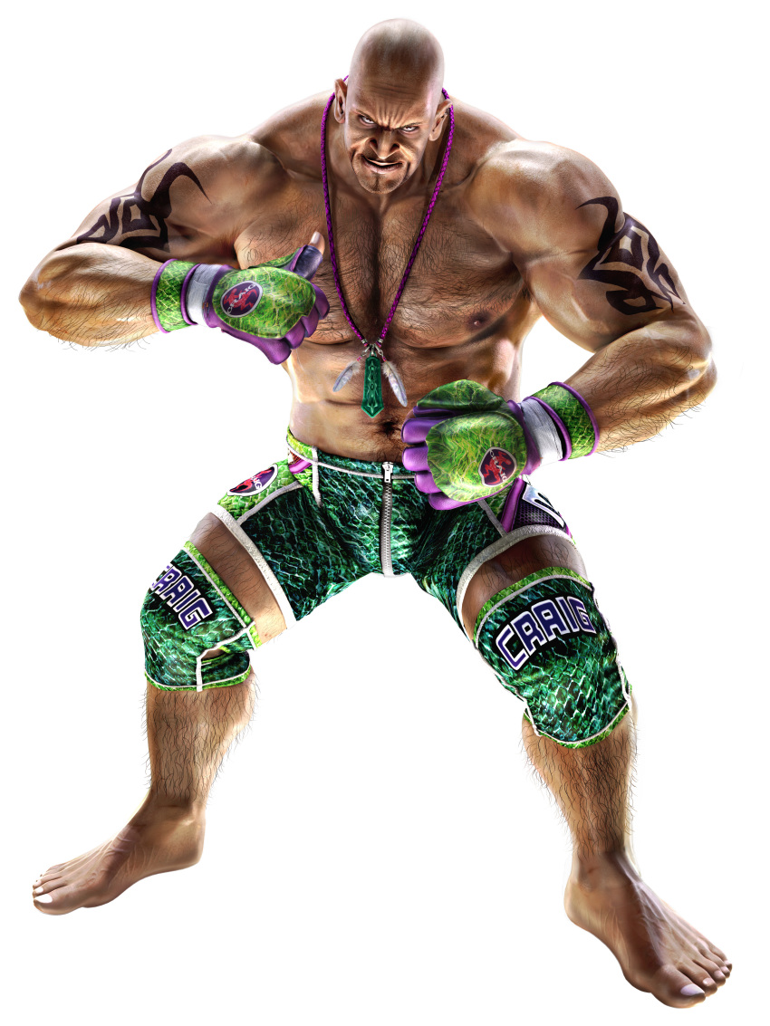 1boy absurdres bald barefoot craig_marduk fingerless_gloves gloves highres knee_pads manly muscle namco official_art shorts tekken