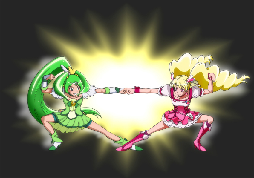 2girls blonde_hair boots bow choker clenched_hands commentary_request cure_march cure_peach fist_bump fresh_precure! g_gundam green_choker green_hair green_shorts green_skirt gundam hair_ornament heart heart_hair_ornament in-franchise_crossover kijinaka_mahiro knee_boots magical_girl midorikawa_nao momozono_love multiple_girls parody photoshop_(medium) pink_bow pink_footwear pink_wrist_cuffs ponytail precure shorts shorts_under_skirt skirt smile_precure twintails wrist_cuffs