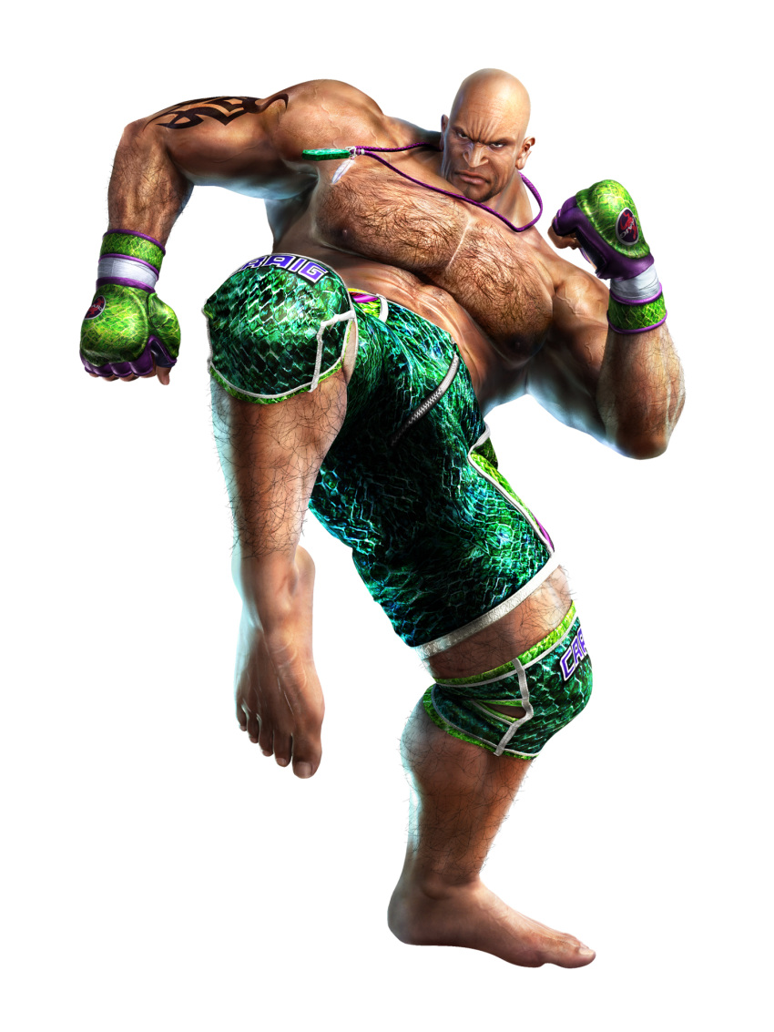 1boy bald barefoot craig_marduk fingerless_gloves gloves highres knee_pads manly muscle namco official_art shorts tekken