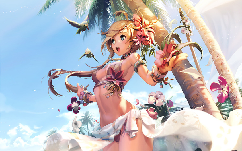 ahoge bikini bird blonde_hair blue_eyes bracelet cloud day female flower hair_flower hair_ornament hibiscus highres jewelry kkuem long_hair navel necklace open_mouth original outdoors outstretched_arms palm_tree petals photoshop_(medium) print_sarong sarong solo spread_arms swimsuit tree white_sarong wind wind_lift