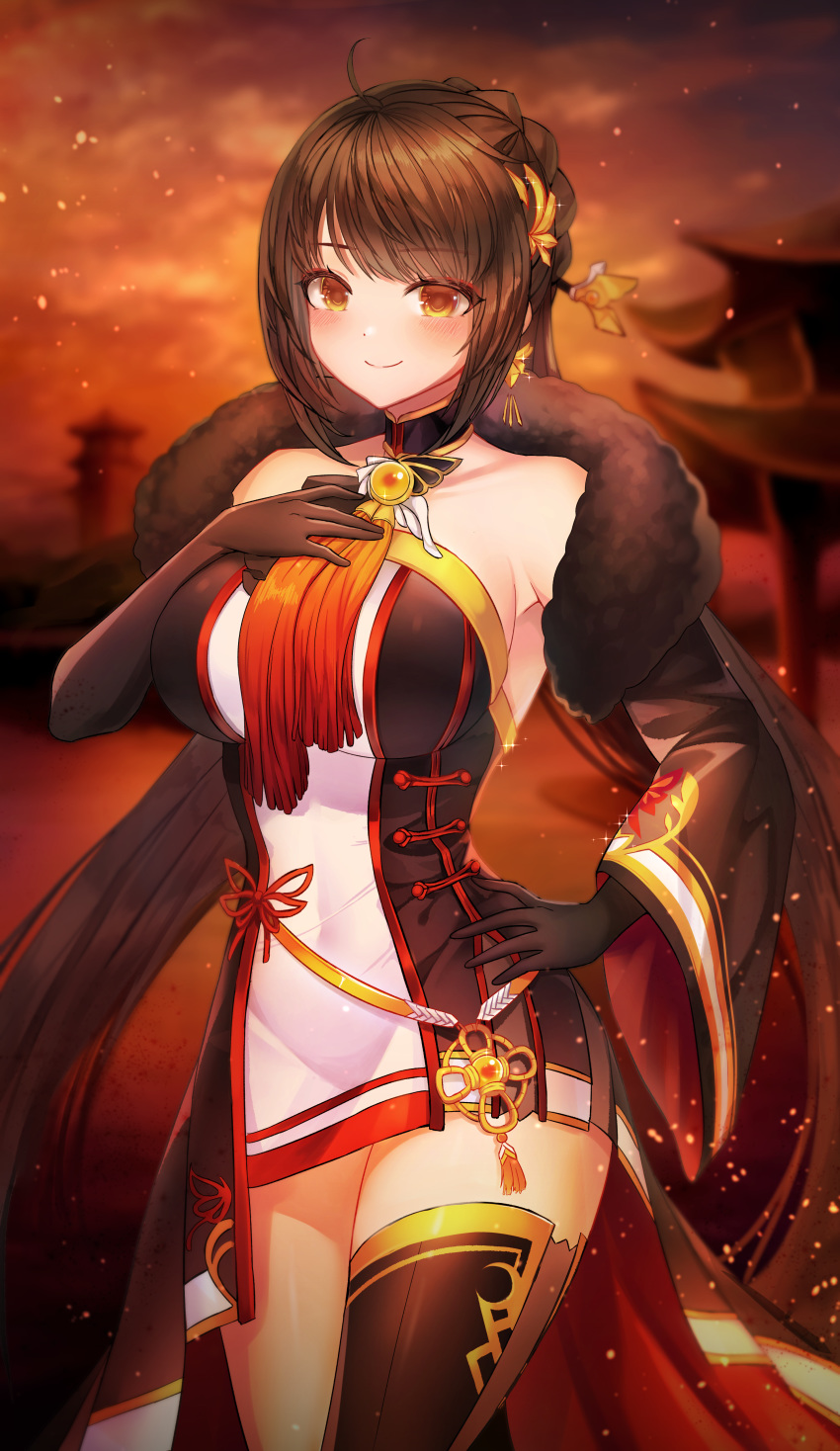 absurdres alternate_breast_size ara_haan asymmetrical_legwear asymmetrical_sleeves bindong black_gloves black_legwear blurry blurry_background blush breasts brown_hair closed_mouth commentary dress elbow_gloves elsword female gloves highres large_breasts long_sleeves short_dress short_hair single_thighhigh smile solo standing strapless strapless_dress swept_bangs symbol-only_commentary thighhighs tube_dress uneven_legwear uneven_sleeves wide_sleeves yama_raja_(elsword) yellow_eyes