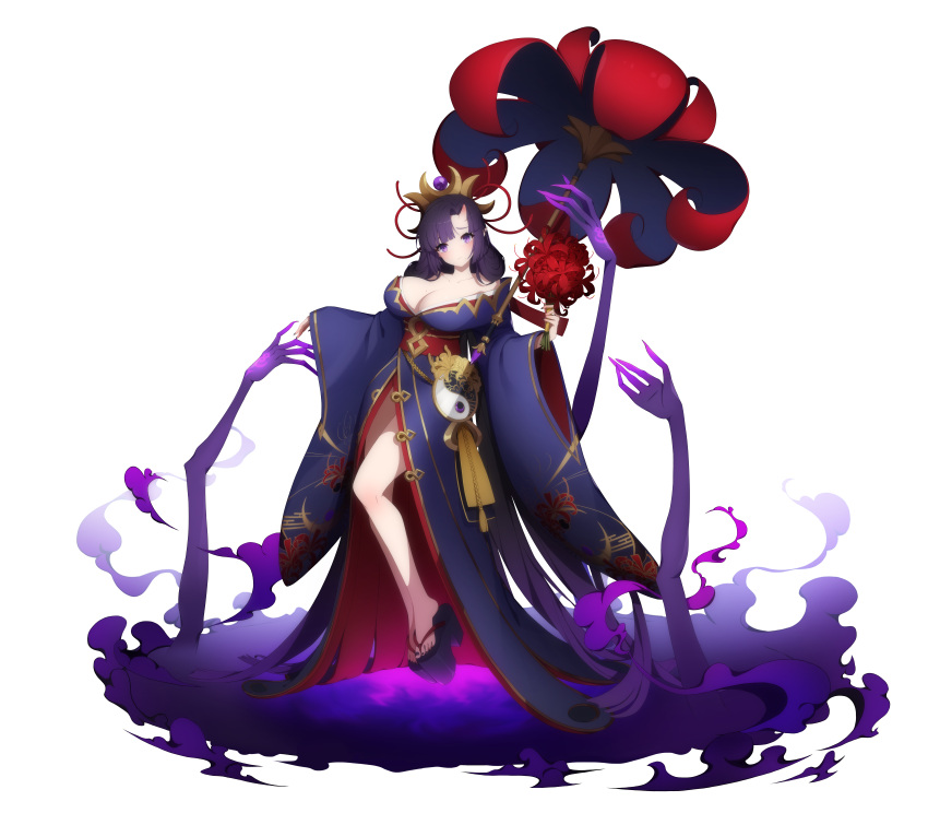 absurdres ayame_(eversoul) bare_legs bare_shoulders blush bouquet breasts cleavage colored_shadow eversoul female floating flower flower_umbrella game_cg geta hair_ornament highres holding holding_bouquet horns incredibly_absurdres japanese_clothes kimono large_breasts legs looking_at_viewer loose_clothes multiple_hands off_shoulder official_art oni oni_horns pointy_ears purple_eyes purple_hair purple_kimono shadow single_horn solo spider_lily third-party_source transparent_background umbrakinesis yin_yang