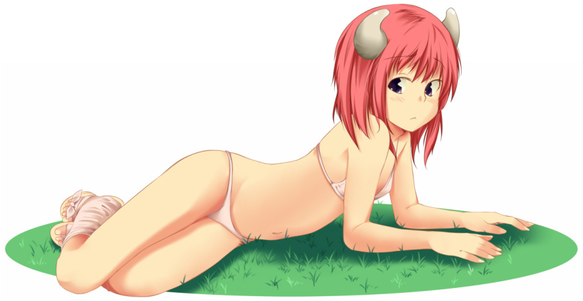 bikini female flat_chest grass horns original purple_eyes rasukaru_(a_tale_of_a_cat) red_hair short_hair solo swimsuit