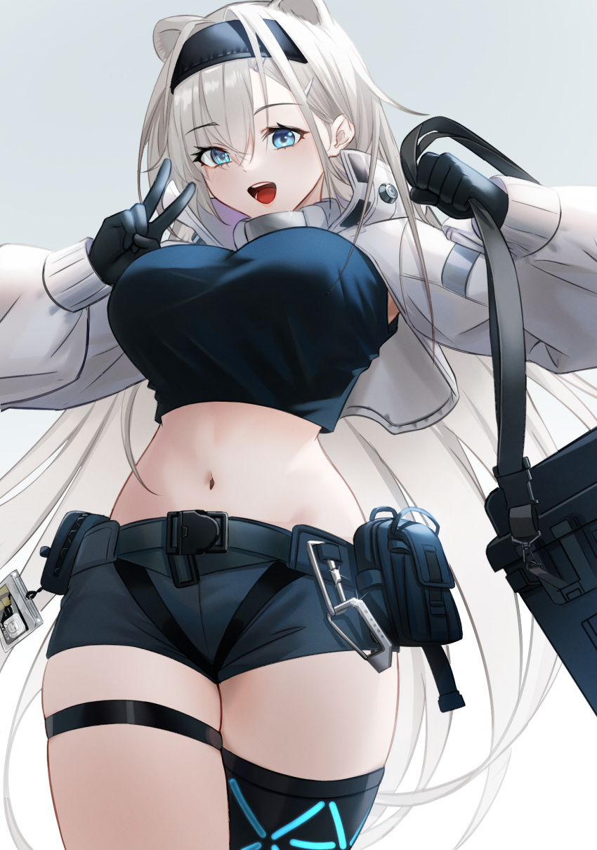 :d animal_ears arknights aurora_(arknights) aurora_(elite_ii)_(arknights) bear_ears black_gloves black_hairband black_shirt black_shorts blue_eyes breasts commentary cowboy_shot crop_top female gloves gradient_background grey_background hair_between_eyes hairband highres large_breasts long_hair long_sleeves looking_at_viewer midriff naisewow navel open_mouth pouch shirt short_shorts shorts shrug_(clothing) smile solo standing stomach thigh_strap thighs very_long_hair white_background white_hair