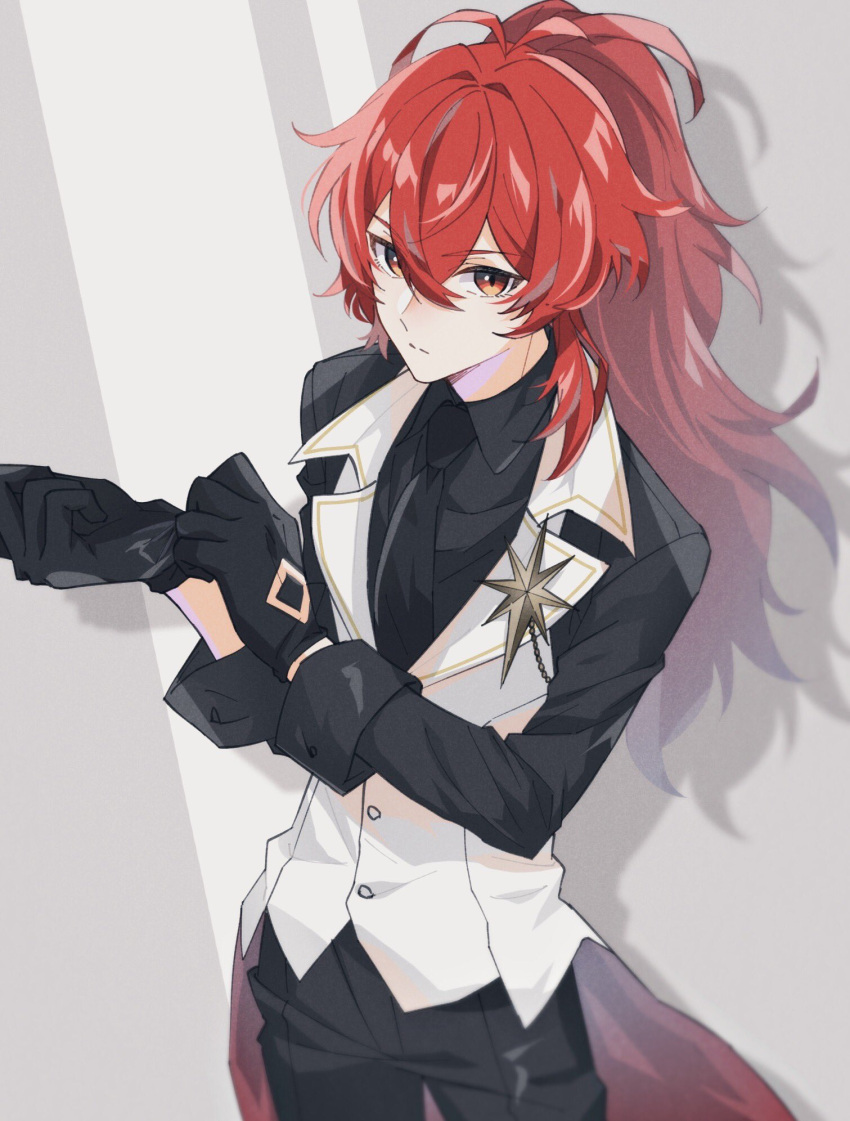 1boy black_gloves black_necktie black_pants black_shirt commentary diluc_(genshin_impact) dress_shirt genshin_impact gloves highres long_hair looking_at_viewer male_focus mizuamememe necktie pants ponytail red_eyes red_hair shirt solo vest white_vest