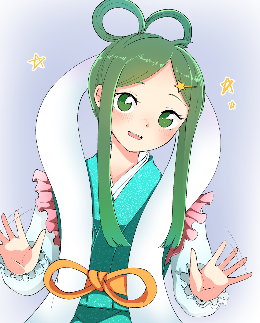 absurdres alternate_costume alternate_hairstyle cosplay female frills green_eyes green_hair hagoromo hair_rings highres japanese_clothes kaisenpurin kimono obi orihime_(tanabata) orihime_(tanabata)_(cosplay) sash shawl short_hair short_hair_with_long_locks solo tanabata teireida_mai touhou waving