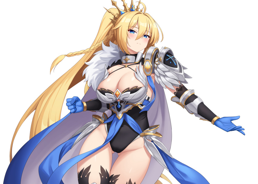 ahoge armor bare_shoulders black_gloves black_leotard black_thighhighs blonde_hair blue_cape blue_choker blue_eyes blue_gloves blush braid breasts cameltoe cape choker cleavage clenched_hand collarbone commentary_request covered_navel cowboy_shot crown elbow_gloves female frown fur-trimmed_armor fur_trim gloves groin hair_between_eyes heijialan highres leotard long_hair original ribbon shoulder_plates simple_background solo striped striped_ribbon thighhighs very_long_hair white_background