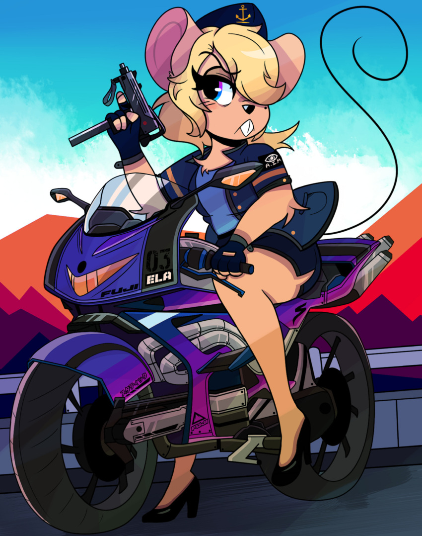 a.i.m._agent anthro beauty_mark blonde_hair blue_eyes blush bottomwear breasts buckteeth clothing ela_novabay female fingerless_gloves footwear frown fuji gloves gun hair hair_over_eye handwear hi_res high_heels japanese_text long_hair mammal micro_uzi motorcycle mountain mouse murid murine one_eye_obstructed ranged_weapon rodent sailor skirt solo stern submachine_gun teeth text trigger_discipline uniform uzi vehicle weapon wireless_shiba