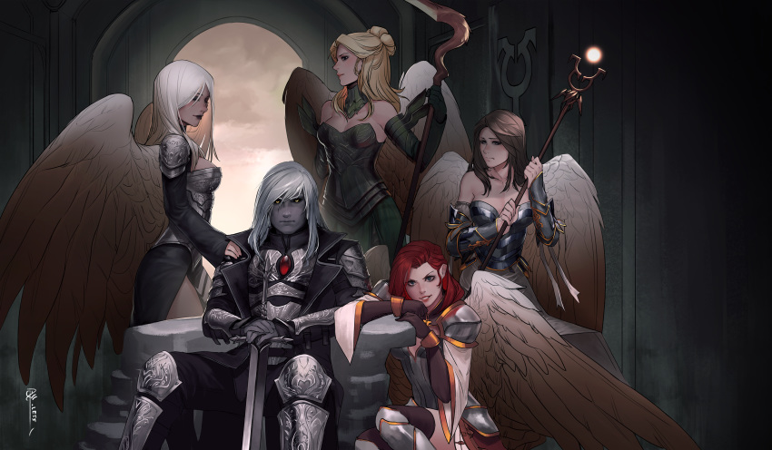 2019 absurd_res armor avacyn black_sclera blonde_hair breasts brown_hair bruna feathered_wings feathers female gisela group hair hasbro hi_res humanoid less_(artist) looking_at_viewer magic:_the_gathering male melee_weapon not_furry red_hair sigarda silver_hair sitting smile sorin_markov staff sword weapon white_hair winged_humanoid wings wizards_of_the_coast yellow_eyes