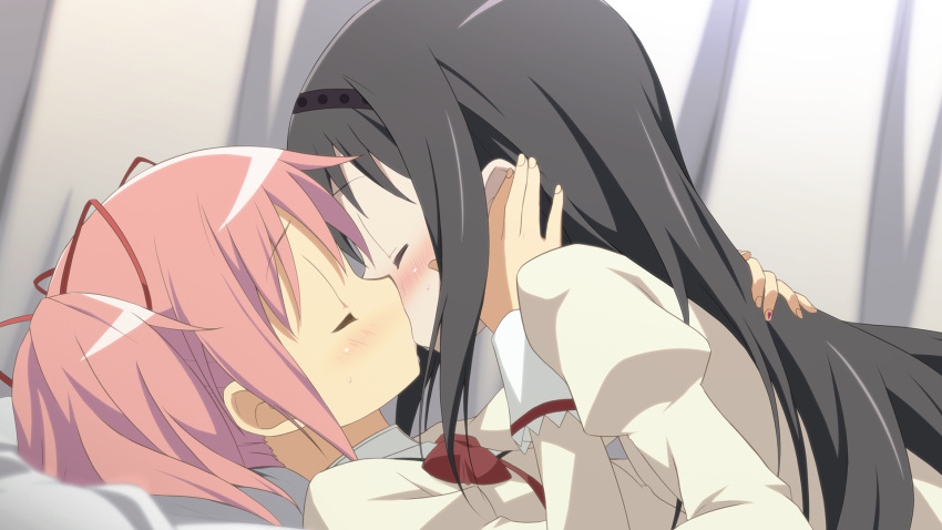 akemi_homura banned_artist black_hair blush closed_eyes hair_ribbon hairband highres kaname_madoka kissing long_hair lying mahou_shoujo_madoka_magica moritan multiple_girls non-web_source on_back pink_hair ribbon saliva twintails yuri