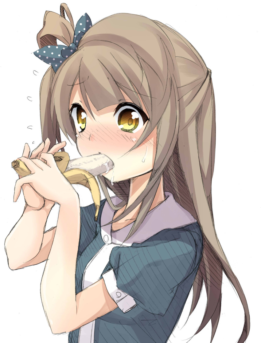 bad_id bad_pixiv_id banana blush bow brown_eyes eating fellatio female flying_sweatdrops food fruit hair_ribbon hairbow highres long_hair love_live! love_live!_school_idol_project minami_kotori one_side_up oral oruto_(ort+) polka_dot polka_dot_bow puffy_sleeves ribbon sexually_suggestive shirt short_sleeves simulated_fellatio solo yellow_eyes