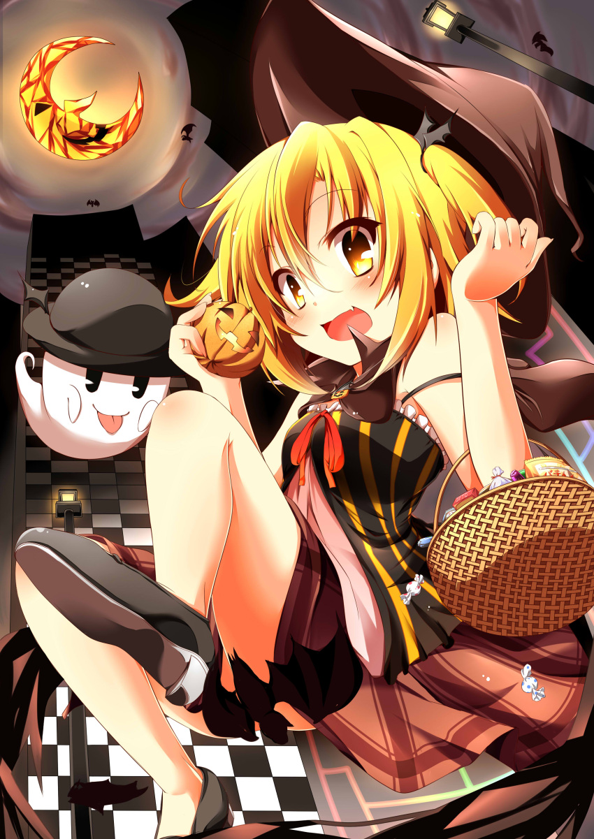 :p absurdres basket bat_(animal) blonde_hair candy censored checkered commentary_request convenient_censoring crescent_moon female food ghost halloween hat highres jack-o'-lantern looking_at_viewer moon no_panties open_mouth original plaid plaid_skirt pumpkin short_hair skirt solo tongue tongue_out wakagi_repa yellow_eyes