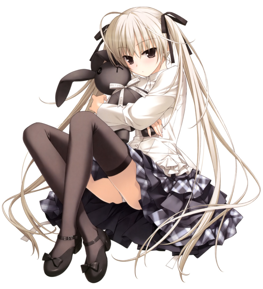 absurdres black_eyes black_thighhighs dress_shirt female grey_hair hair_ribbon hashimoto_takashi highres hugging_object kasugano_sora legs long_hair long_legs panties pantyshot pleated_skirt ribbon scan shirt skirt solo stuffed_animal stuffed_rabbit stuffed_toy thighhighs thighs twintails underwear upskirt very_long_hair white_panties yosuga_no_sora