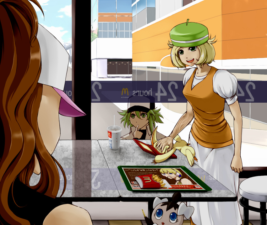 1boy 2girls bad_id bad_pixiv_id baseball_cap bianca_(pokemon) blonde_hair blood brown_hair cameo city drink elesa_(pokemon) fast_food finger_to_mouth food french_fries green_eyes green_hair handheld_game_console hat head_grab hilda_(pokemon) long_hair mcdonald's multiple_girls n_(pokemon) nikawa_99-do nintendo_ds open_mouth pantyhose pokemon pokemon_(creature) pokemon_bw road short_hair smile street teeth vanishing_point veins victini window