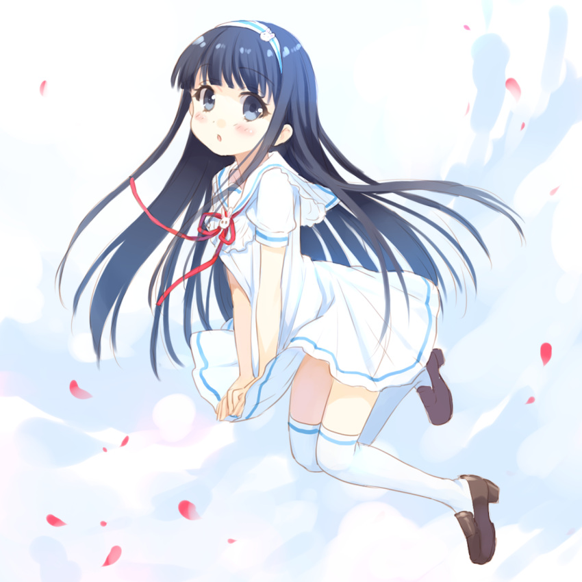 :o black_hair blue_eyes blush dress female hairband highres long_hair original petals sailor_dress solo thighhighs white_thighhighs wind xiangtu