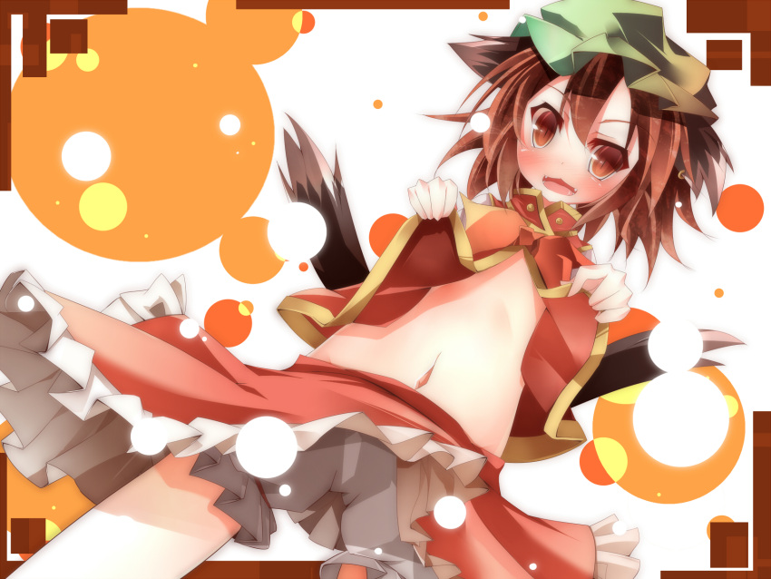 animal_ears bad_id bad_pixiv_id bloomers brown_hair cat_ears cat_tail chen daidai_ookami dutch_angle earrings fangs female hat highres jewelry multiple_tails navel open_clothes open_mouth open_shirt revision shirt short_hair skirt smile solo tail touhou underwear