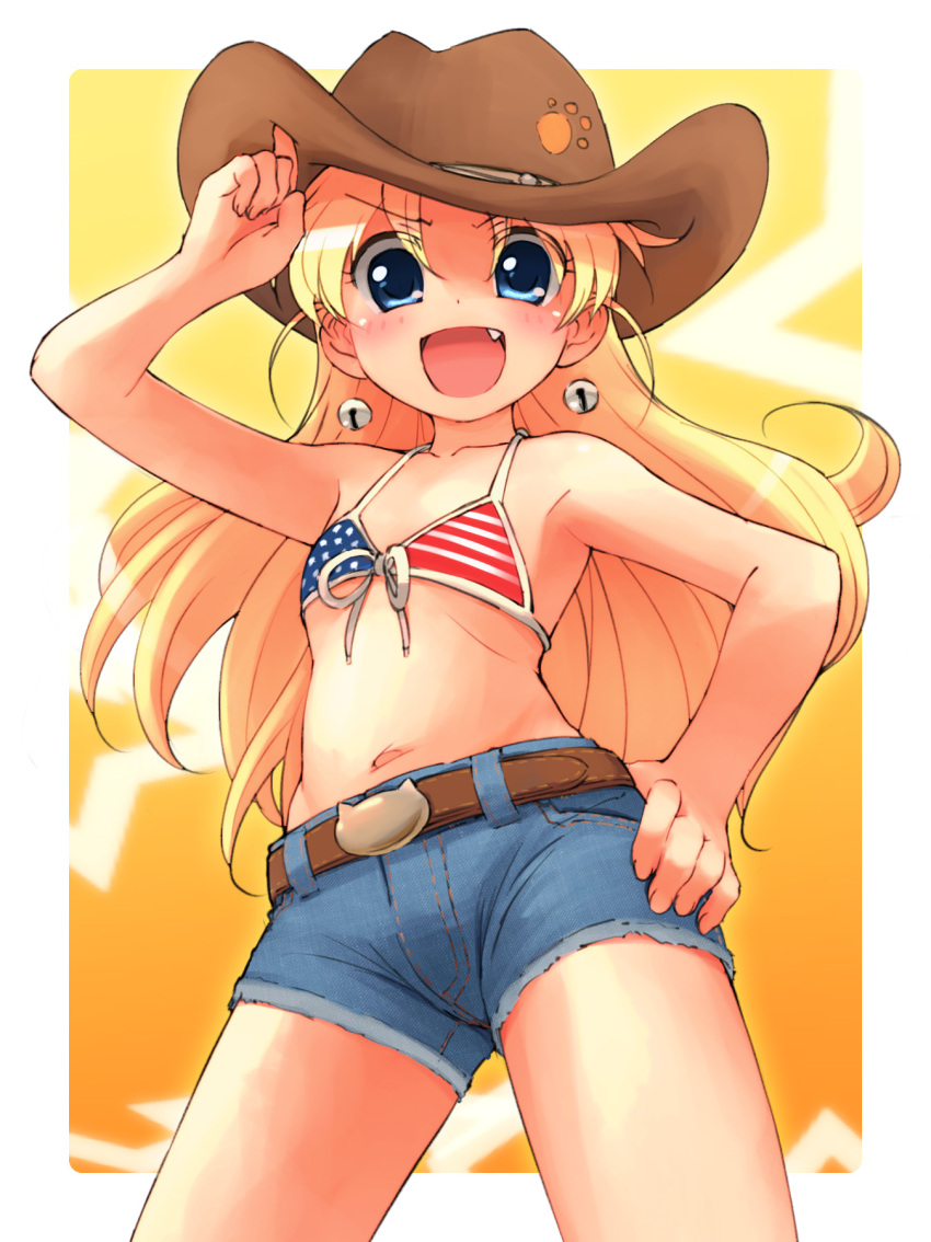 :d american_flag american_flag_bikini american_flag_print belt bikini bikini_top_only blonde_hair blue_eyes blue_shorts cowboy_hat cutoffs denim denim_shorts earrings female flag_print flat_chest from_below front-tie_top hand_on_own_hip hat highres imageboard_desourced jewelpet_(series) jewelpet_twinkle jewelry long_hair looking_at_viewer miria_marigold_mackenzie navel no_shirt non-web_source nyama oerba_yun_fang open_mouth paw_print print_bikini shorts smile solo stomach swimsuit united_states v-shaped_eyebrows