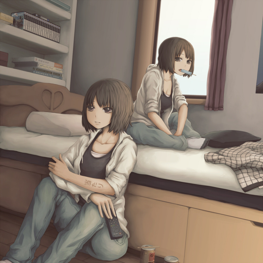 2girls bed between_legs bookshelf brown_hair can clone collarbone commentary controller crossed_arms food hand_between_legs highres holding hood hoodie indoors looking_at_viewer mouth_hold multiple_girls multiple_persona no_shoes on_bed open_mouth original pillow popsicle remote_control short_hair sitting sleeves_rolled_up sweater window yajirushi_(chanoma)