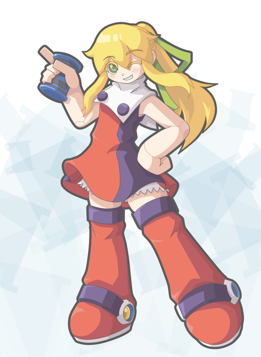 adapted_costume bad_id bad_pixiv_id bare_shoulders blonde_hair blush boots colored_eyelashes doll_joints dress energy_tank female green_eyes grin hair_ribbon highres joints long_hair mega_man_(classic) mega_man_(series) one_eye_closed ponytail red_skirt ribbon roll_(mega_man) skirt sleeveless smile solo usk_(19890904)