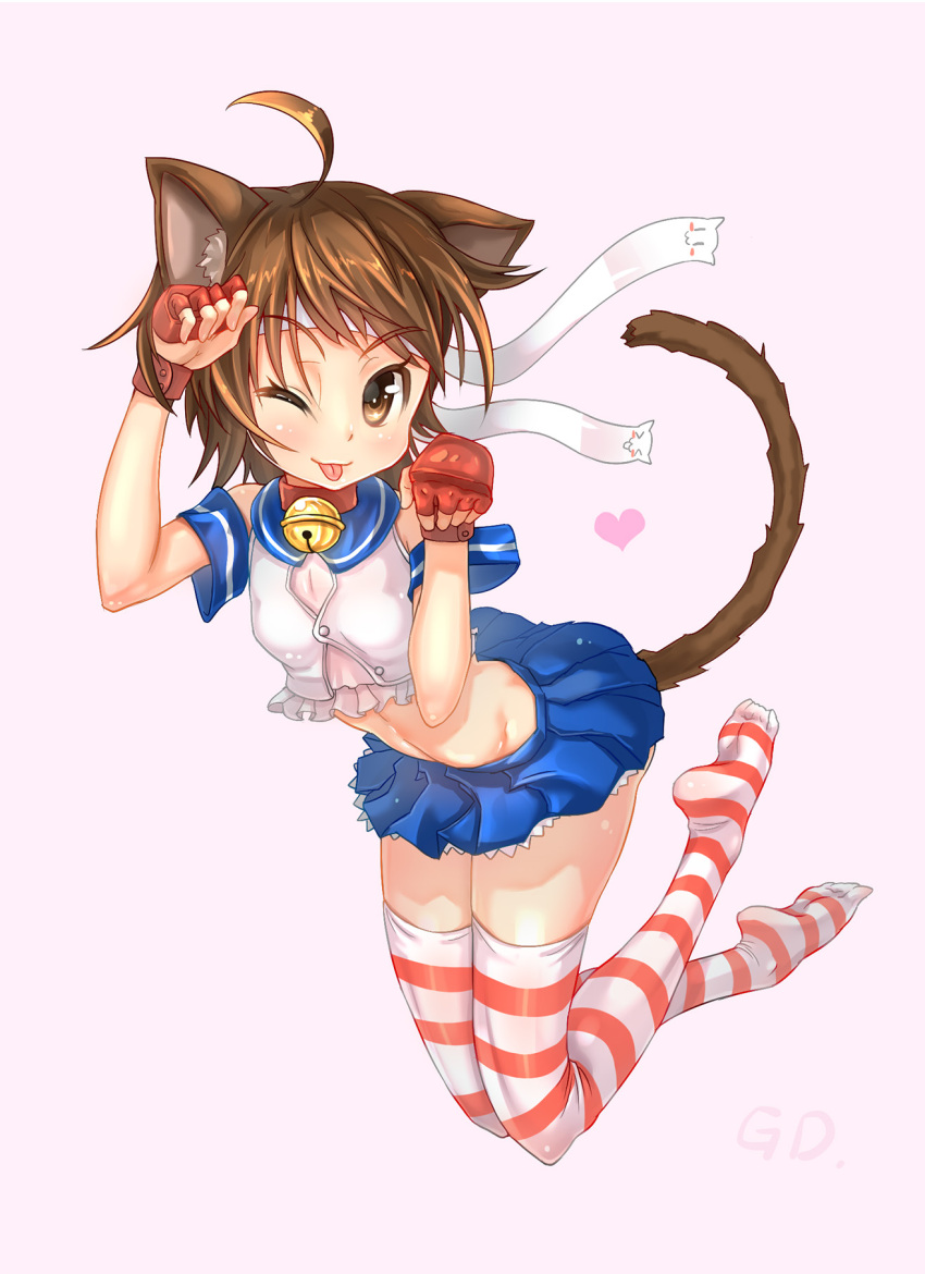 :p animal_ears bad_id ball brown_hair capcom cat_ears cat_tail female gd._fengzi highres kasugano_sakura short_hair skirt solo street_fighter striped_legwear tail thighhighs wink