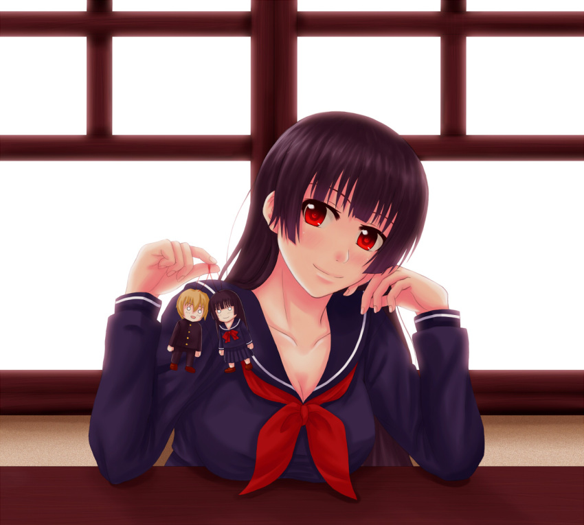 bad_id bad_pixiv_id black_hair breasts character_doll cleavage female hime_cut kanoe_yuuko large_breasts long_hair niiya_teiichi red_eyes sano_souichi school_uniform smile solo tasogare_otome_x_amnesia