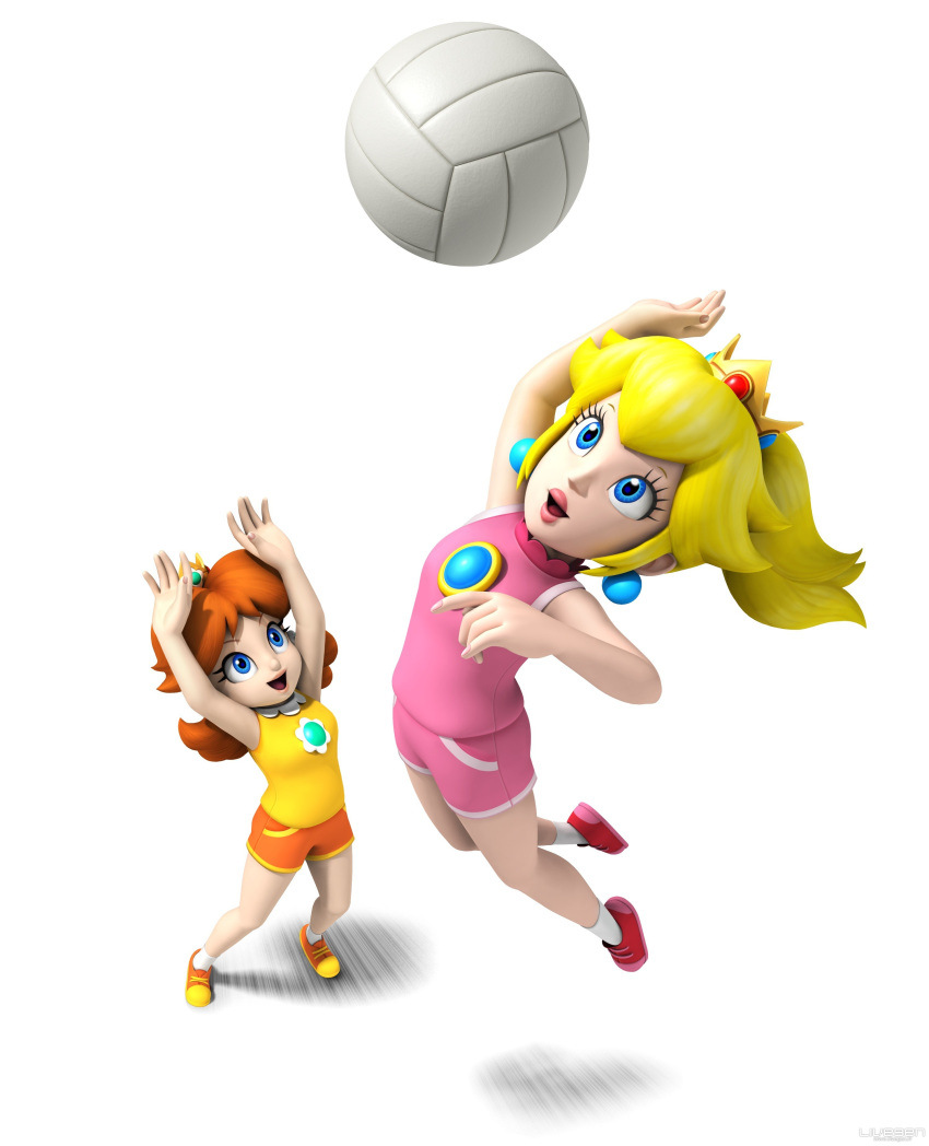 2girls absurdres ball blonde_hair highres mario_(series) multiple_girls nintendo official_art orange_hair princess_daisy princess_peach sport sports super_mario_bros. super_mario_land volleyball