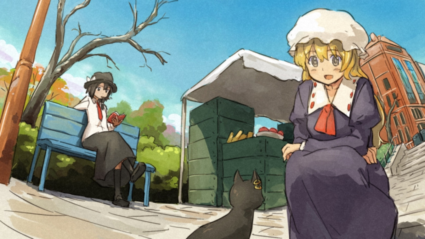 2girls bench black_hair blonde_hair book building chen chen_(cat) commentary_request crossed_legs dress earrings feline grey_eyes hat jewelry long_hair maribel_hearn multiple_girls outdoors shibasaki_shouji short_hair sitting skirt smile squatting touhou usami_renko