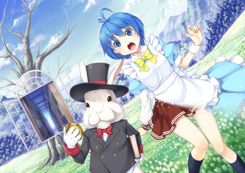 alice_in_wonderland antenna_hair blue_eyes blue_hair blush book bow bowtie cheshire_cat_(alice_in_wonderland) commentary_request cuffs dissolving_clothes female field gloves h_kasei hallway hat highres holding holding_book maid mountain open_mouth otoha_shiori photoshop_(medium) pocket_watch portal_(object) rabbit ribbon roudoku_shoujo short_hair skirt socks top_hat transformation tree tunnel watch white_gloves white_rabbit_(alice_in_wonderland) window