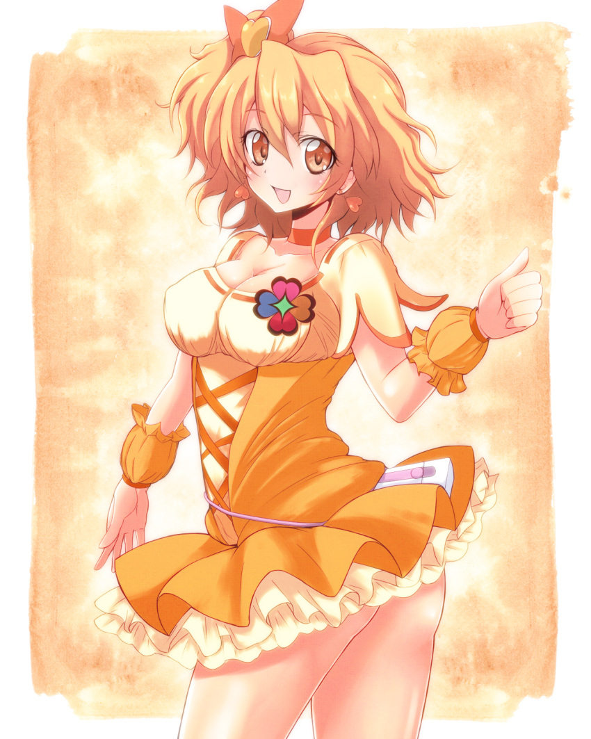 bad_id bad_pixiv_id bow breasts brown_eyes choker cleavage cure_pine earrings female fresh_precure! hair_ornament hairbow heart heart_hair_ornament highres jewelry magical_girl matsumotoke medium_breasts one_side_up orange_background orange_choker orange_hair orange_skirt orange_theme photoshop_(medium) precure short_hair skirt smile solo wrist_cuffs yamabuki_inori