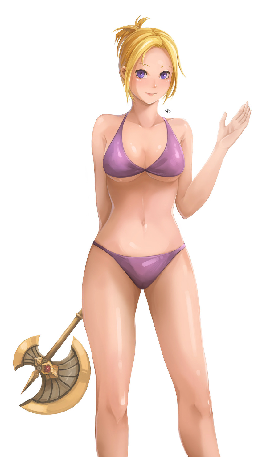 absurdres axe bad_id bad_pixiv_id bare_shoulders blonde_hair blue_eyes blush bra breasts cleavage diablo diablo_(series) diablo_3 enchantress_(diablo_3) female highres holding large_breasts looking_at_viewer navel panties photoshop_(medium) purple_bra purple_eyes purple_panties rebe11 short_hair signature simple_background smile solo underboob underwear underwear_only weapon white_background