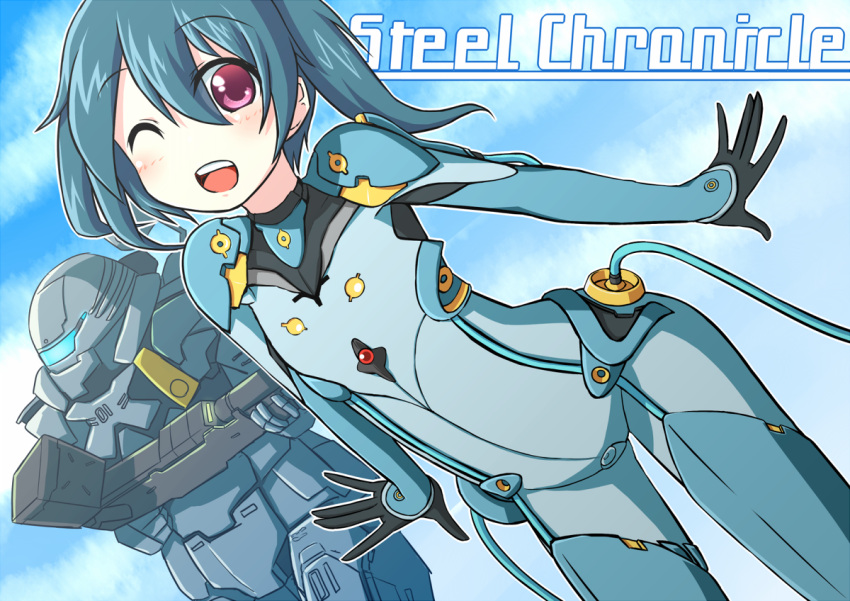 ;d blue_hair bodysuit commentary_request female flat_chest long_hair one_eye_closed open_mouth red_eyes short_twintails smile steel_chronicle takamine_tsukumo twintails yun_rina