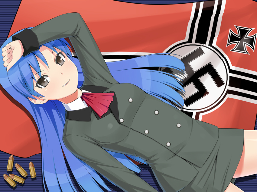 blue_hair bullet commentary_request female idolmaster idolmaster_(classic) kisaragi_chihaya long_hair military military_uniform miniskirt nazi_war_ensign pencil_skirt shougi_(116) skirt smile solo swastika uniform