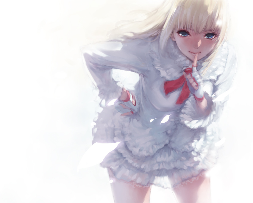 blonde_hair blue_eyes blush commentary_request dress female finger_to_mouth fingerless_gloves frilled_skirt frills gloves hand_on_own_hip lili_(tekken) long_hair looking_at_viewer photoshop_(medium) sasaoka_gungu shushing skirt solo tekken white_background white_theme