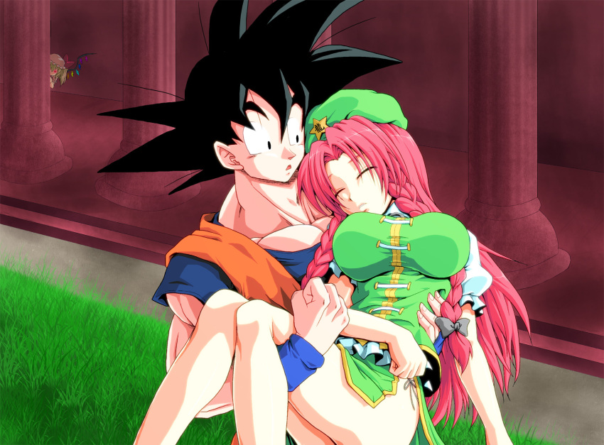 1boy 2girls black_eyes black_hair braid breasts carrying chinese_clothes closed_eyes commentary_request crossover dragon_ball dragon_ball_z flandre_scarlet grass hat highres hong_meiling kamishima_kanon large_breasts legs multiple_girls peeking_out pillar princess_carry red_hair short_hair son_goku star_(symbol) touhou twin_braids unconscious wings