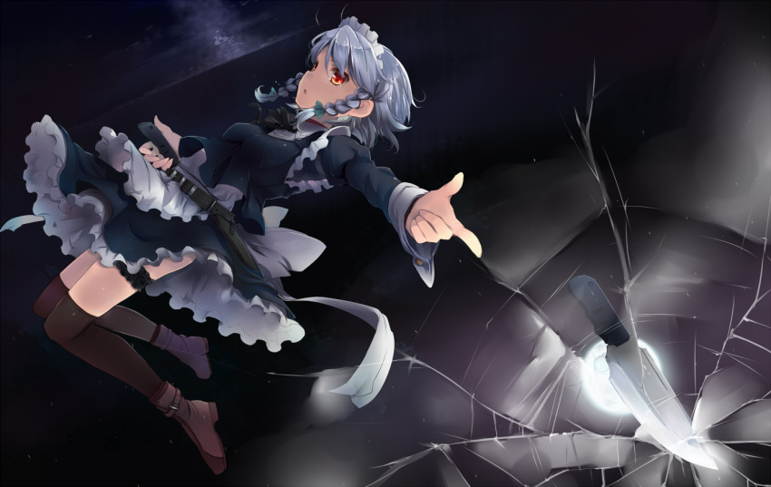 black_thighhighs boots braid bridal_garter broken_glass commentary_request female glass grey_hair holding izayoi_sakuya knife maid maid_headdress outstretched_arm red_eyes shin_(new) solo thighhighs touhou twin_braids