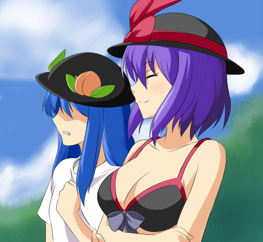 2girls be_(o-hoho) bikini blue_hair bow breasts cleavage clenched_hands closed_eyes cloud collarbone commentary_request crossed_arms day food fruit hat hat_bow hinanawi_tenshi leaf long_hair medium_breasts multiple_girls nagae_iku peach purple_hair shirt short_hair sky smile swimsuit touhou