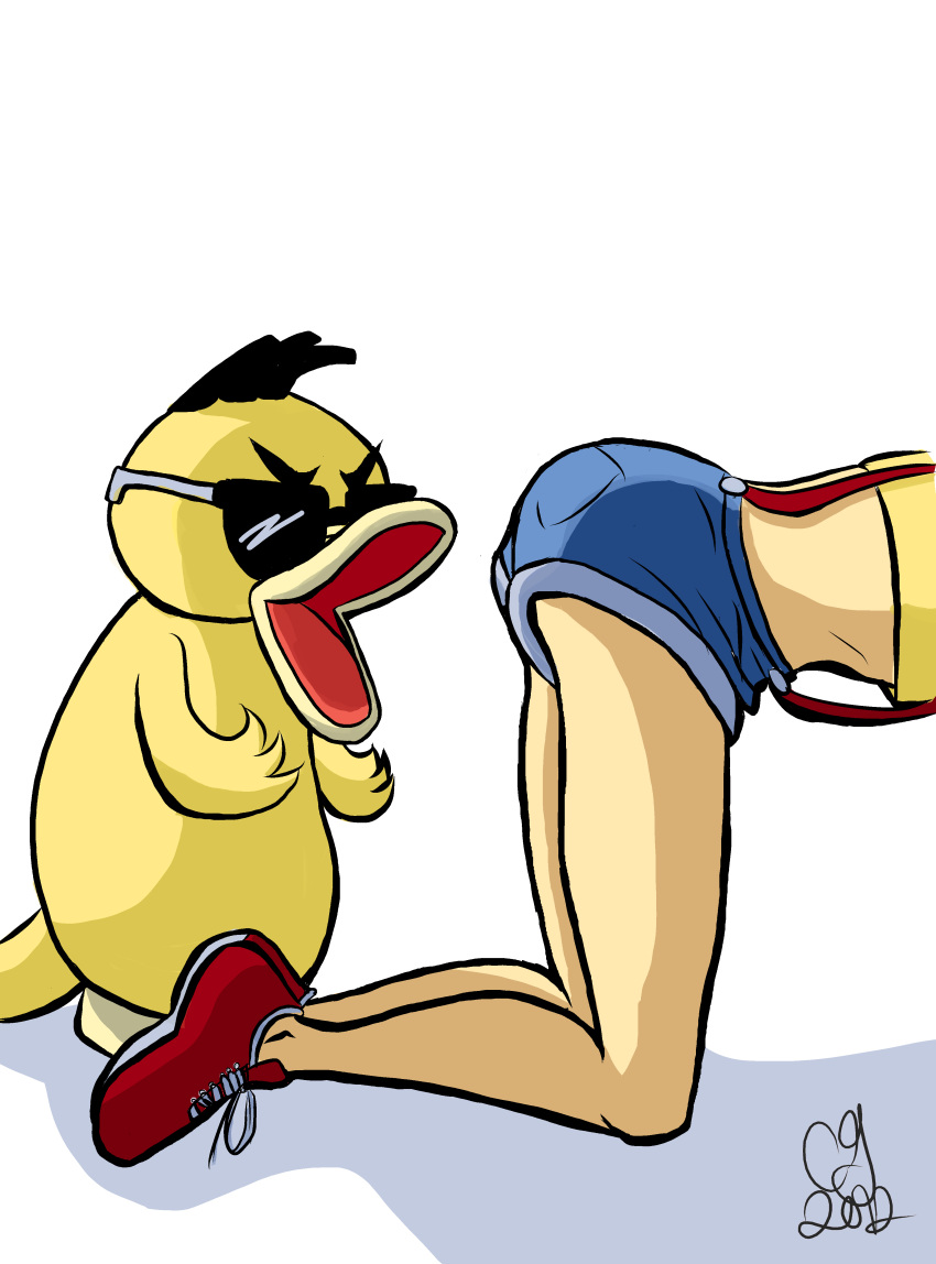 2012 :d absurdres all_fours ass bird black_hair close-up commentary cullen denim denim_shorts duck english_commentary female gangnam_style highres kasumi_(pokemon) legs midriff open_mouth parody photoshop_(medium) pocket pokemon pokemon_(anime) pokemon_(classic_anime) pokemon_(creature) psy psyduck pun shadow shoes short_shorts shorts signature smile sneakers sunglasses suspenders v-shaped_eyebrows