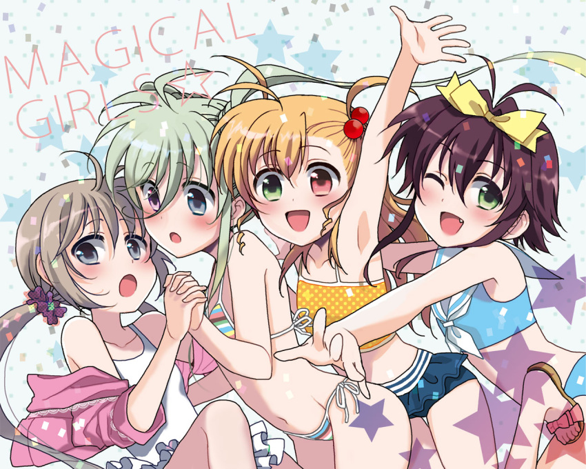 4girls :d :o ;d armpits bikini blonde_hair blue_eyes blush brown_hair commentary_request corona_timir einhard_stratos english_text frills green_eyes green_hair heterochromia holding_hands interlocked_fingers long_hair lyrical_nanoha mahou_shoujo_lyrical_nanoha_vivid multiple_girls navel oerba_yun_fang one-piece_swimsuit one_eye_closed open_mouth purple_eyes purple_hair red_eyes rio_wezley short_hair side-tie_bikini_bottom smile star_(symbol) swimsuit twintails vivio y100